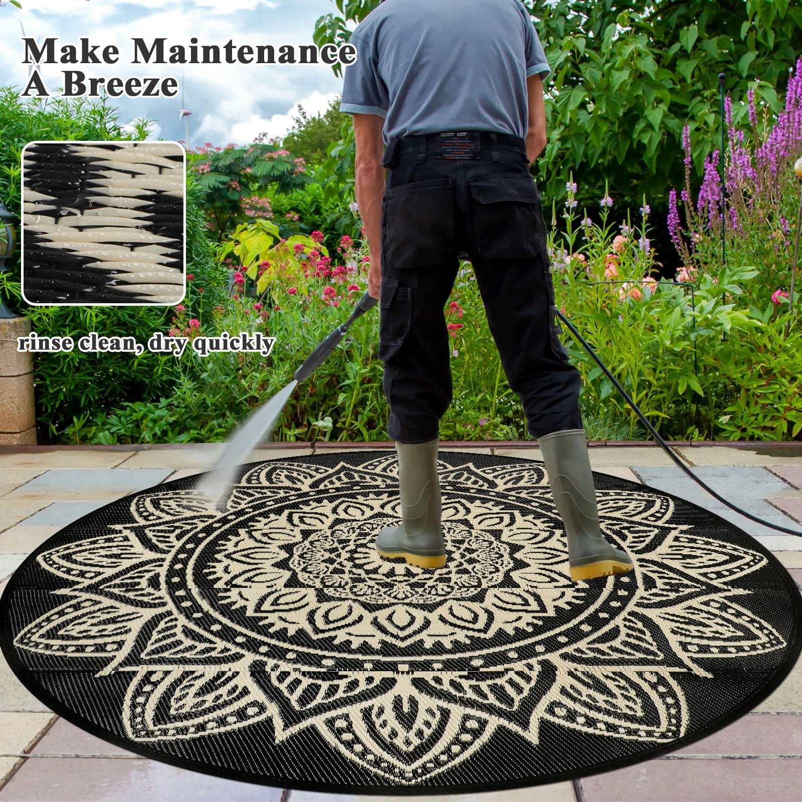 Aonewoe Round Outdoor Rugs 6ft Waterproof Patio Plastic Straw Rug Reversible Camping Carpet Indoor Outdoor Area Rug for Patio,Deck,Balcony,Picnic,Beach,Outside