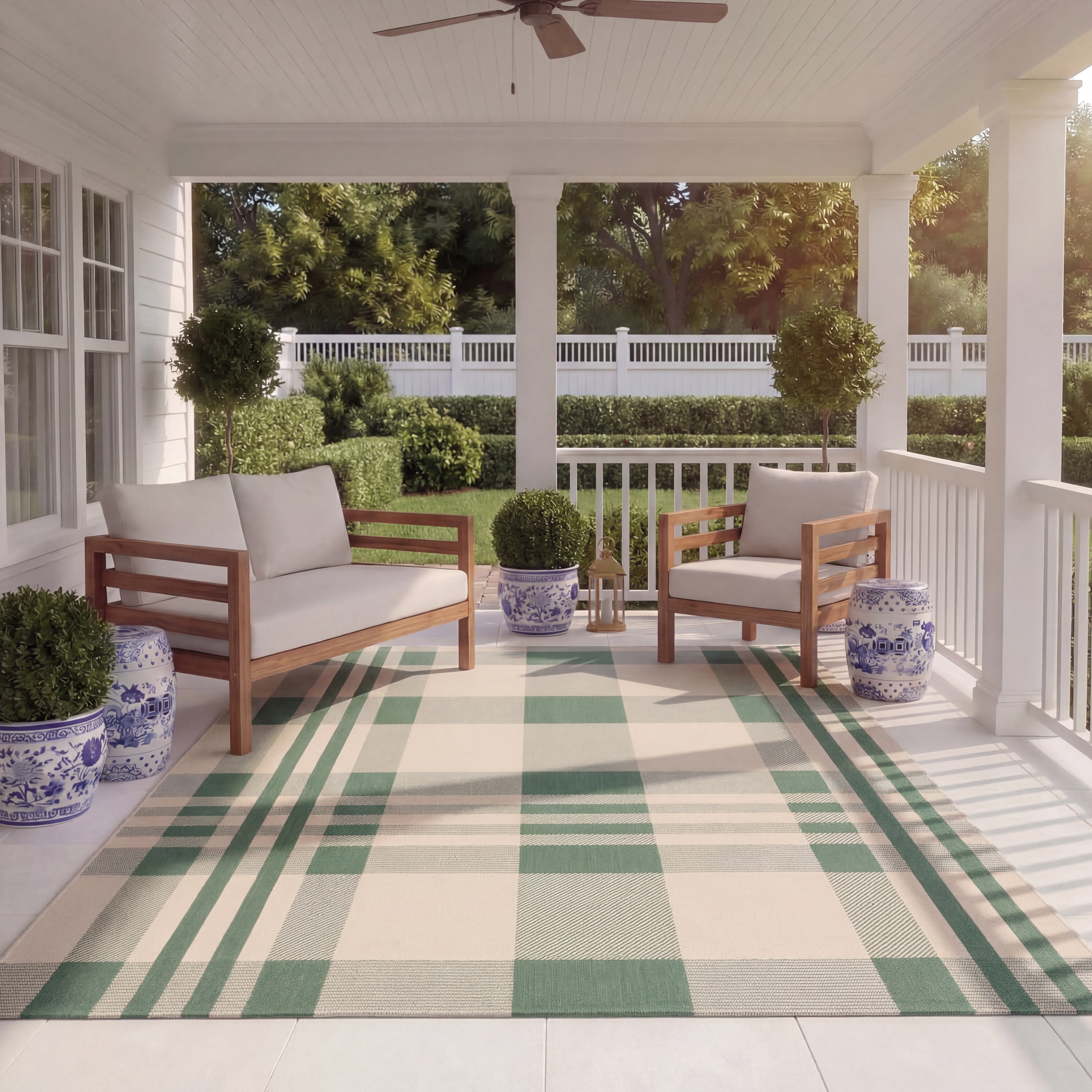 Safavieh Courtyard Benjamin Plaid Indoor/Outdoor Area Rug, Green/Beige, 5'3" x 7'7"
