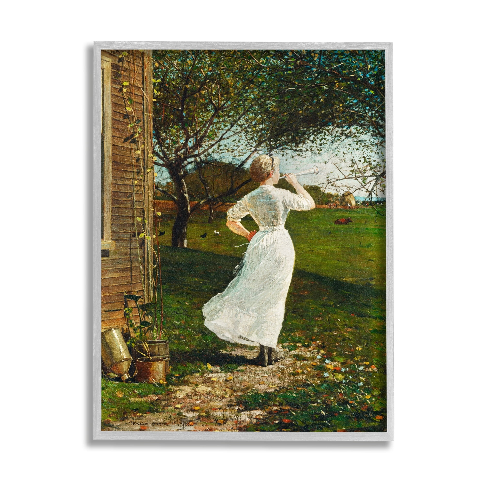 Stupell Industries Classic Woman Instrument Rural Vintage House Painting Painting Gray Framed Art Print Wall Art, Design by Lettered and Lined