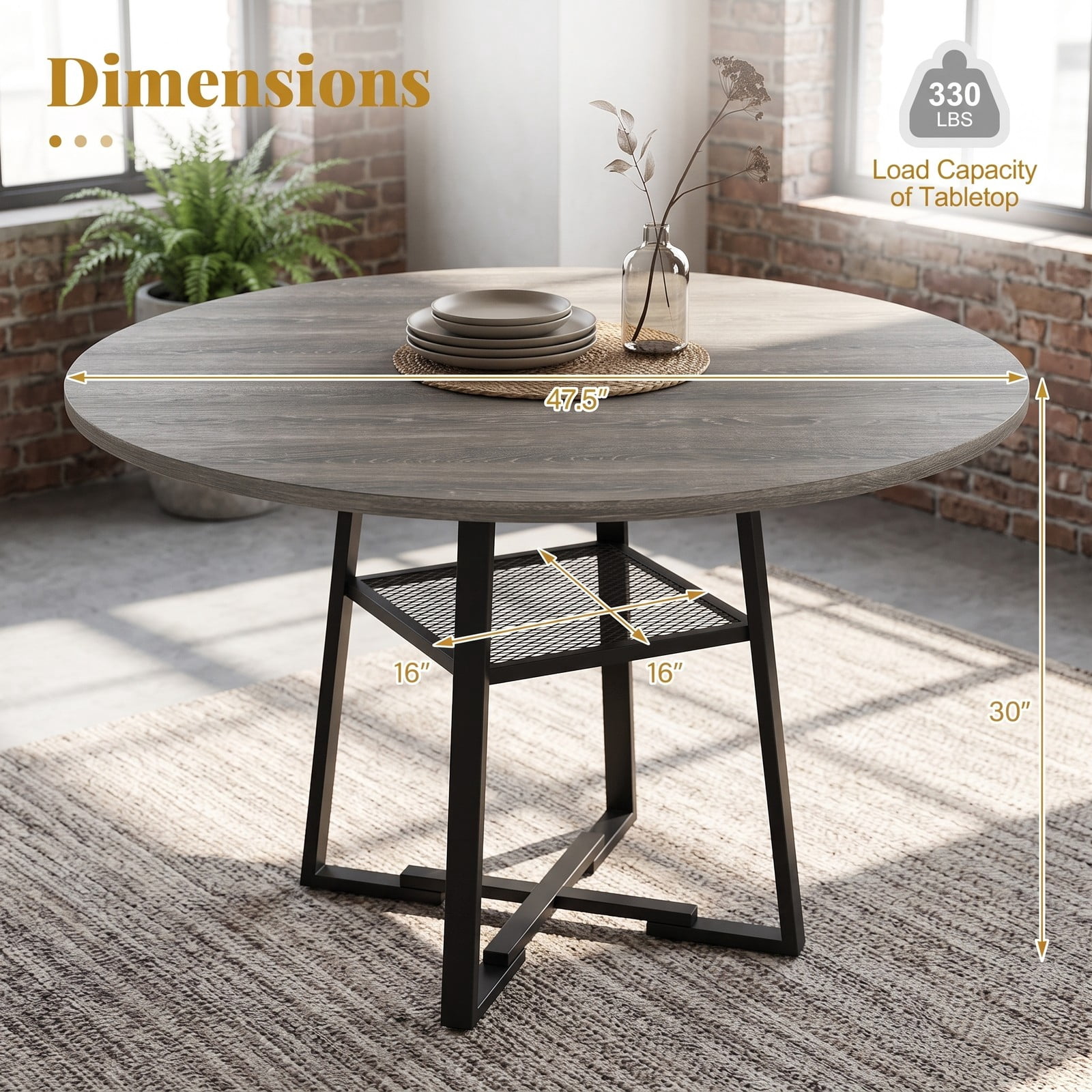 Furnibear 47.5" Round Dining Table for 4-6 with Storage Shelf, Metal Legs and MDF Tabletop, Kitchen Dinette Table with Rubber Wood Crossbars for Home Apartment, Gray