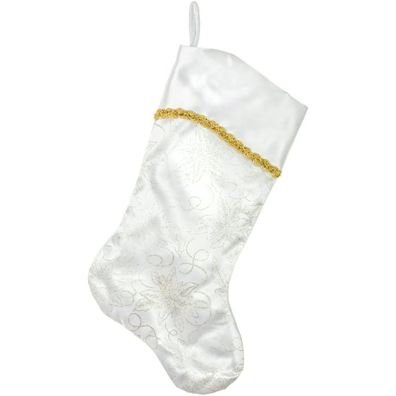 Northlight 20.5" White and Gold Glitter Poinsettia Christmas Stocking