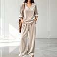 thumbnail image 2 of Xijirk Women 2 Piece Velvet Outfit V Neck Long Sleeve Loose Top and Wide Leg Elastic Waist Pants Set for Loungewear Daily Casual Wear,Khaki,S, 2 of 4