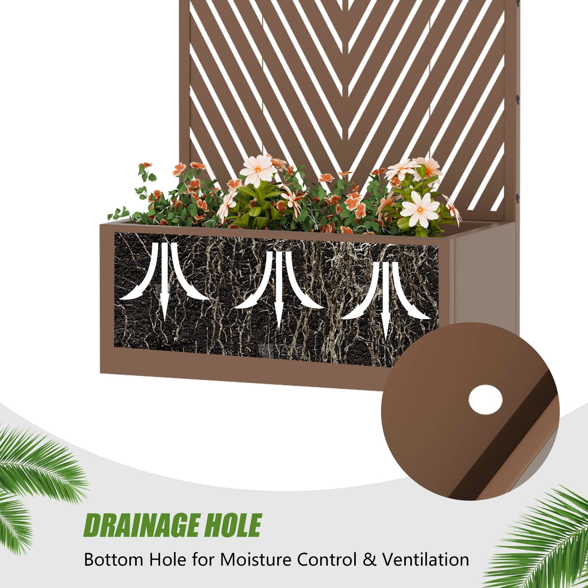 MAYEERTY 59X30" Metal Outdoor Brown Privacy Screen with Planter Box for Backyard & Garden, 2 Piece Set