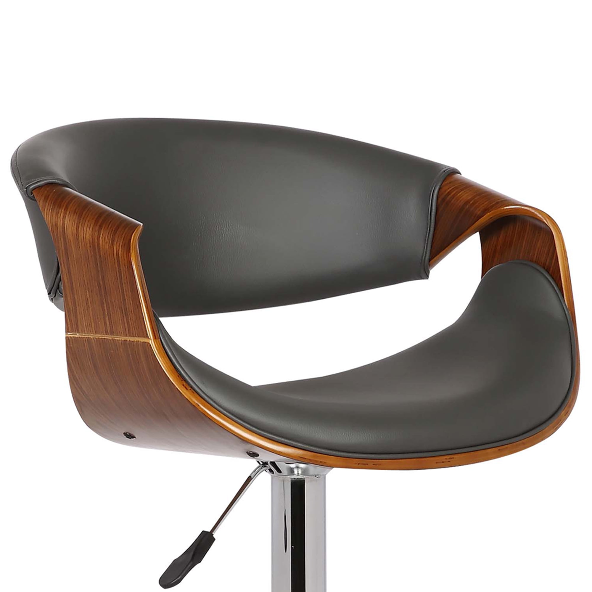 Armen Living Indoor Butterfly Adjustable Height Swivel Gray Faux Leather and Walnut Wood Bar Stool with Chrome Base