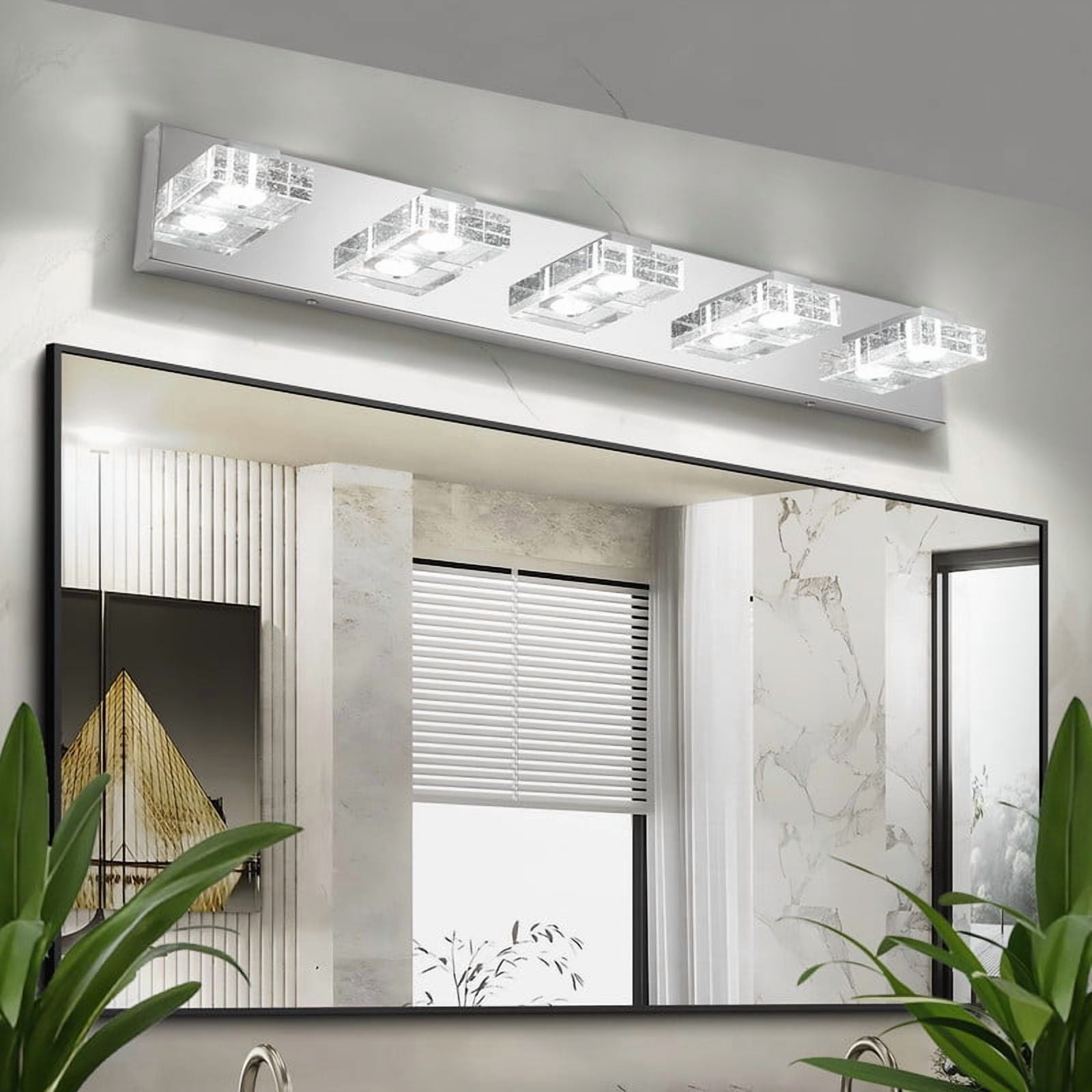 31" Chrome 5-Light LED Vanity Light - Square Acrylic Bathroom Wall Fixture, Dimmable Mirror Lighting for Makeup, Modern Hardwired Sconce