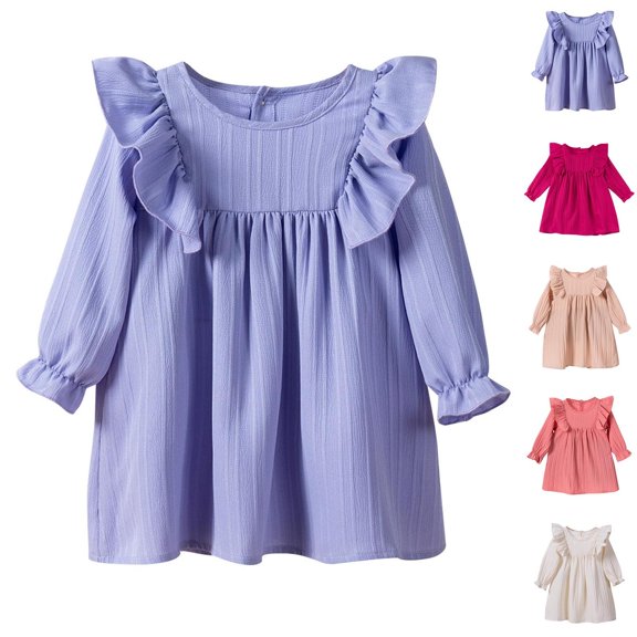 MKOSPLRT 0-6 Years Little Girls Summer Mini Dress Crew Neck Ruffle Babydoll Dress Long Sleeve Smocked Cuffs Textured Dresses Solid