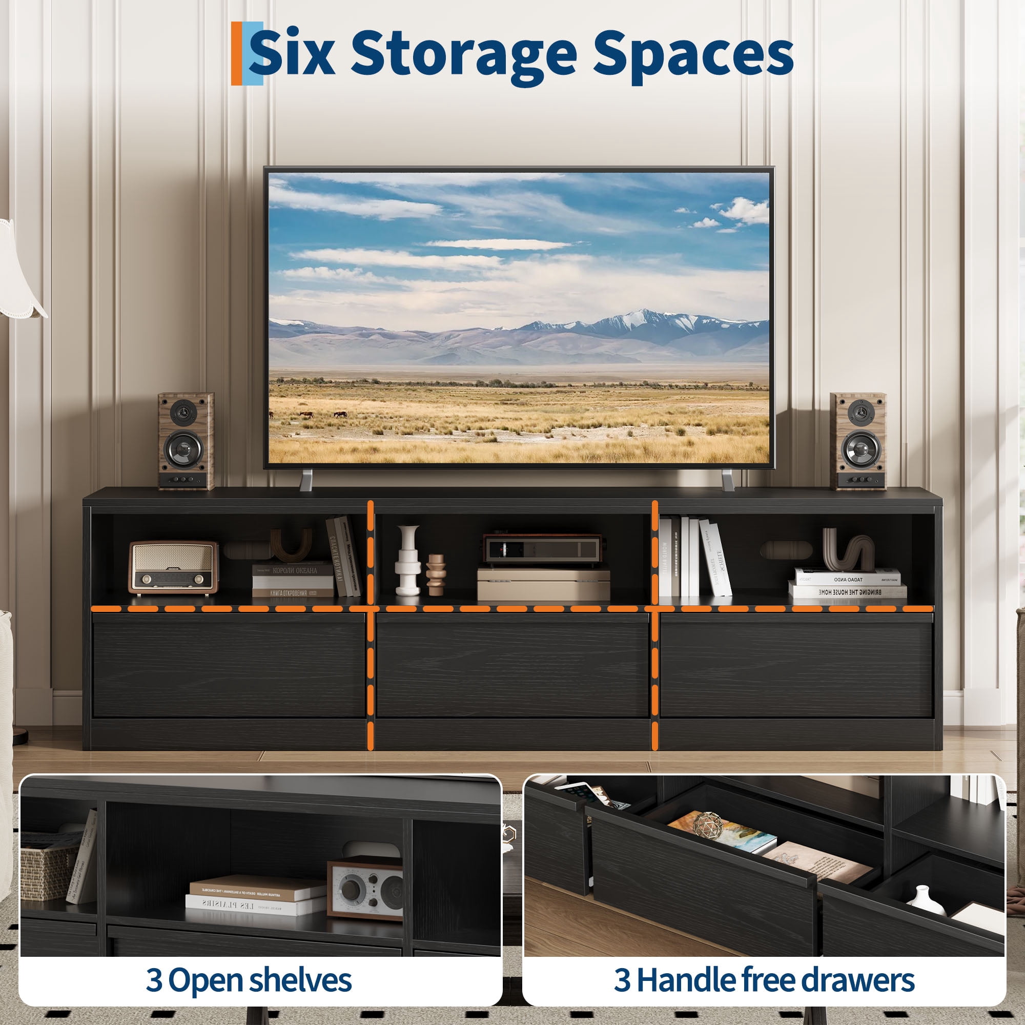 Mid Century Modern TV Stand for 65 70 75 Inch TVs, Industrial Entertainment Center with 3 Drawers & Open Shelves, Sturdy MDF for Living Room & Bedroom