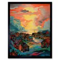 thumbnail image 1 of Atmospheric Clouds Over Mono Fishing Village Cabins at Dawn Modern Watercolour Painting Art Print Framed Poster Wall Decor 12x16 inch, 1 of 5