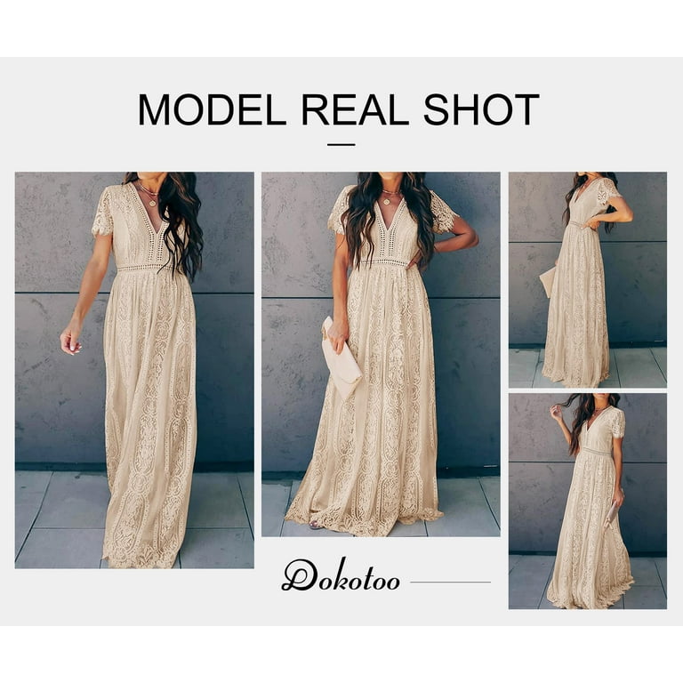 Dokotoo Women s Apricot V Neck Floral Lace Overlay Short Sleeve Wedding Dress Maxi Dresses US 12 14 L Walmart