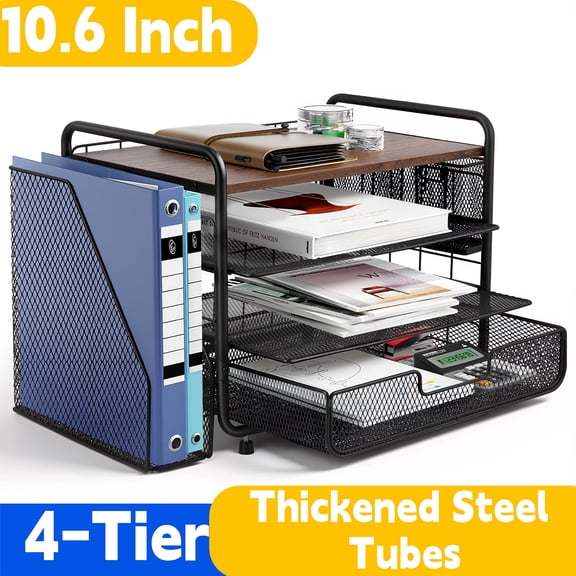 YTAKY Desktop Organizer, 4-Tier Metal Desktop File Organizer with Drawer and Pen Holder,Office Supplies