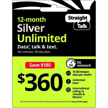 Straight Talk $360 Extended Silver Unlimited Talk, Text & Data 1-Year Prepaid Plan + 10 GB Hotspot Data + Int'l Calling e-PIN Top Up (Email Delivery)