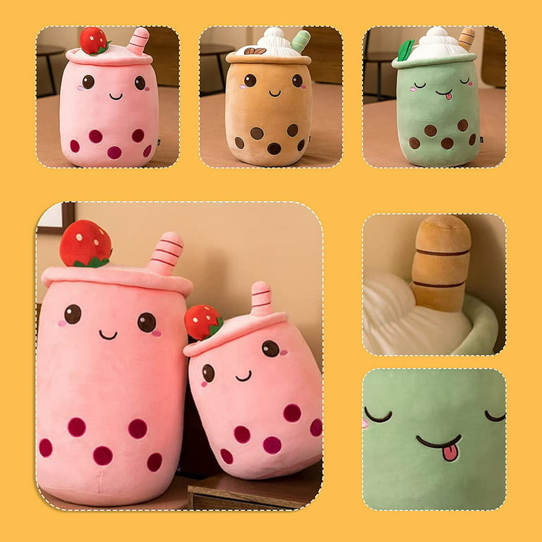 Kawaii Bubble Tea Cup Stuffed Animal Face Boba Soft Pillow Fruit Drink  Apple Pink Strawberry Milk Tea Kids Gift,25CM 