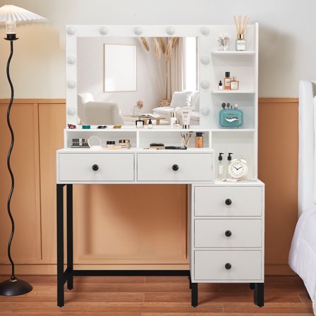 Teousev White Vanity Table with 11 LED Lights & Mirror, 5 Drawers Makeup Desk Table for Girls