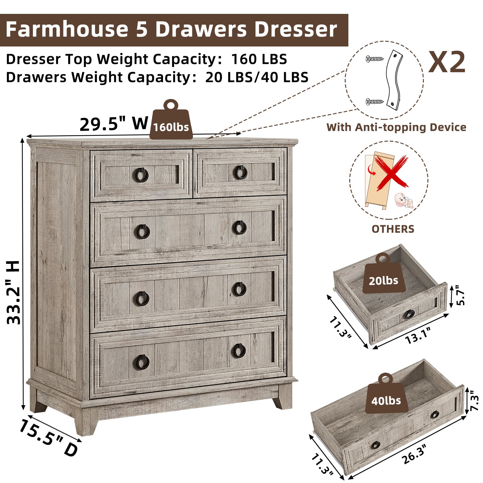 Joaxswe 5 Drawer Grey Oak Dresser for Bedroom, Rustic Chest of Drawer Wood Storage Cabinet for Entryway Living Room