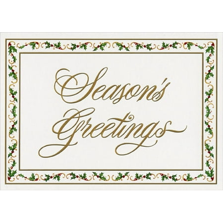 Foil Print Christmas Cards LPG Greetings Gold Foil Embossed Season's Greetings with Holly Border Box of 14 Christmas Cards ()