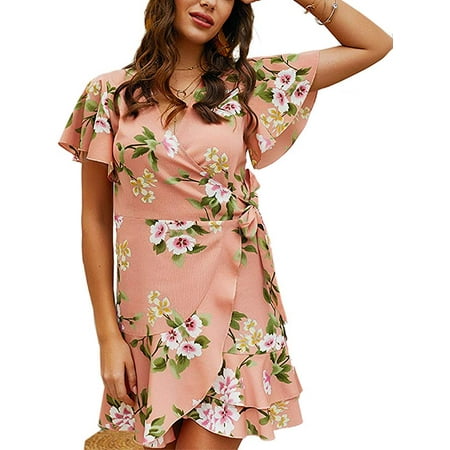 Women's Floral Short Sleeve Wrap V Neck Ruffle Mini Dress | Walmart Canada