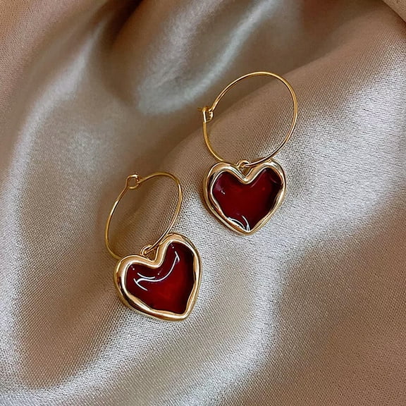 GKNET Sweet Burgundy Enamel Heart Earrings for Women Love Heart Hanging Dangle MG_tu