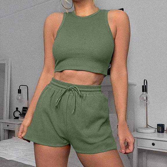 TMOYZQ Casual Workout Sets Two Piece Outfits for Women Ribbed Crop Tank Top High Waist Yoga Shorts Active Wear