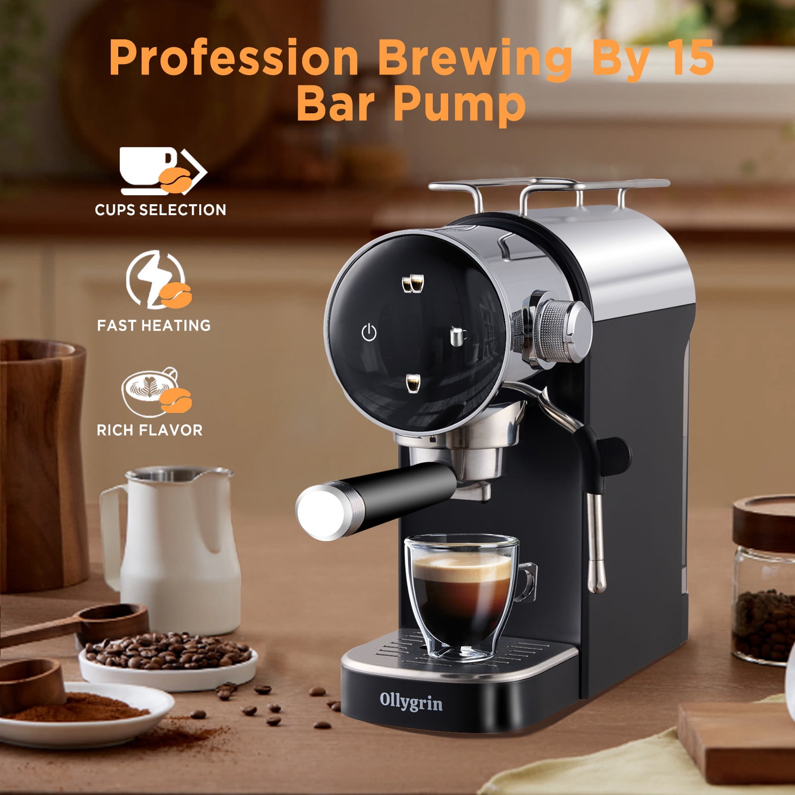 Ollygrin Espresso Machine 15 Bar, Touch Screen Espresso Maker with Americano, Coffee Machine with Steam Milk Frother, Stainless Steel Cappuccino Latte Machine for Cold Brew Home Gifts