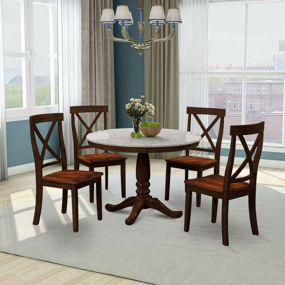 5 Pieces Retro Dining Table And Chairs Set For 4 Persons Round Solid