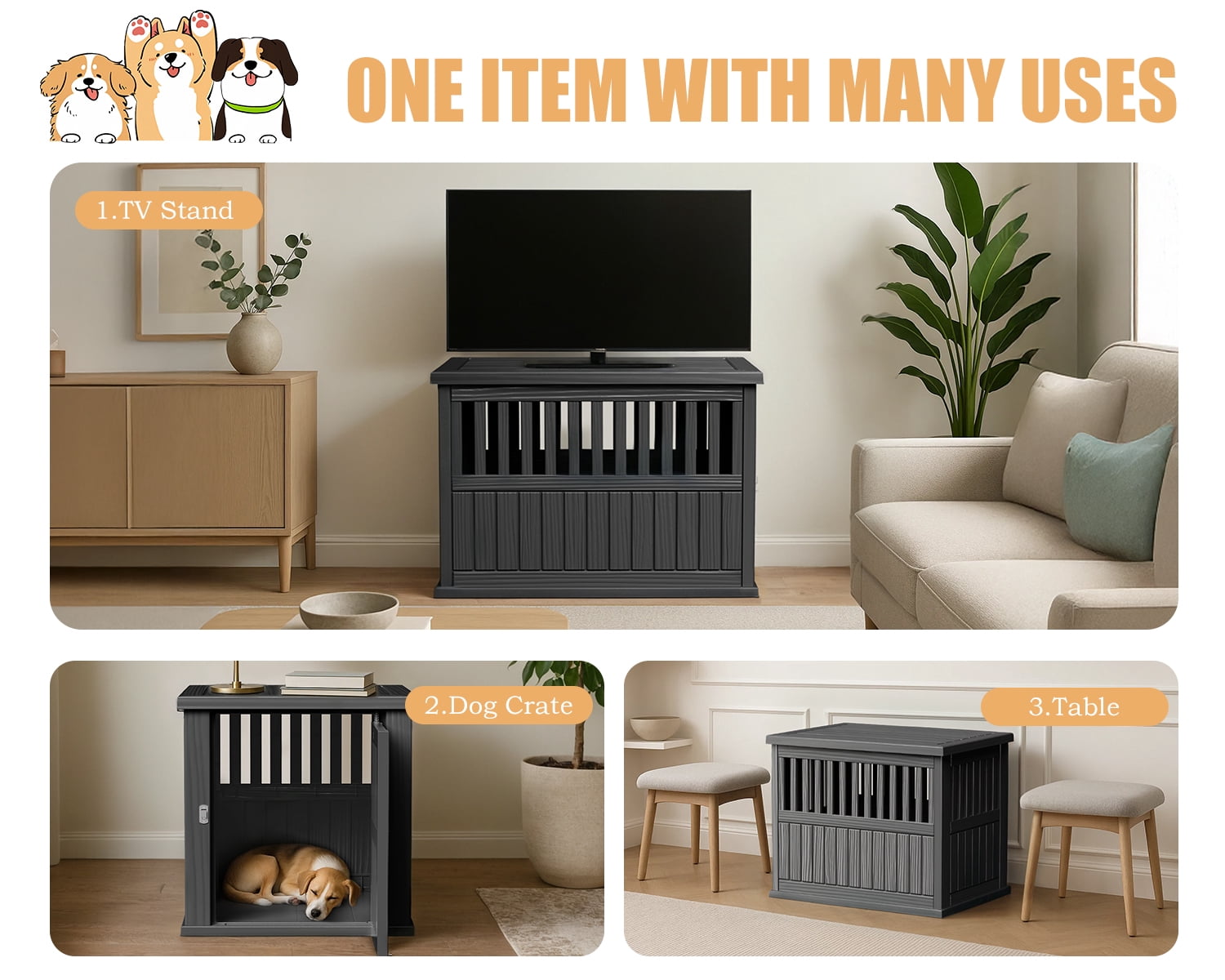 Joxxoaa Durable Dog Crate Furniture with Lockable Door,Dog House Indoor for Small Medium Large Dogs (Black, Large)