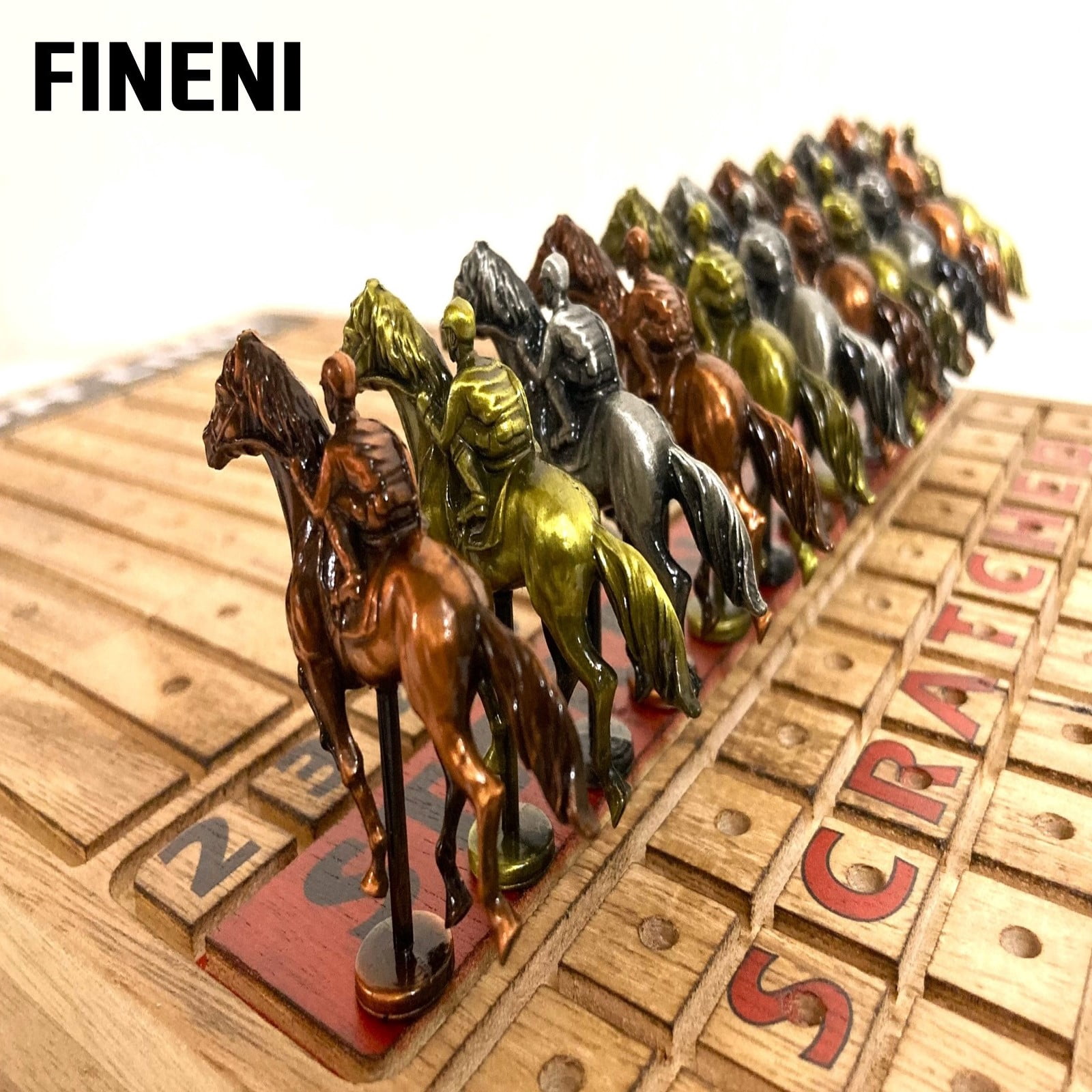 FINENI Horse Racing Game for Adults, Horse Race Board Game with 11 Antique Matt Metal Horses(Bronze, Brass, Silver), 19” Foldable Wood Horse Race Game Board, Dice & Card Included