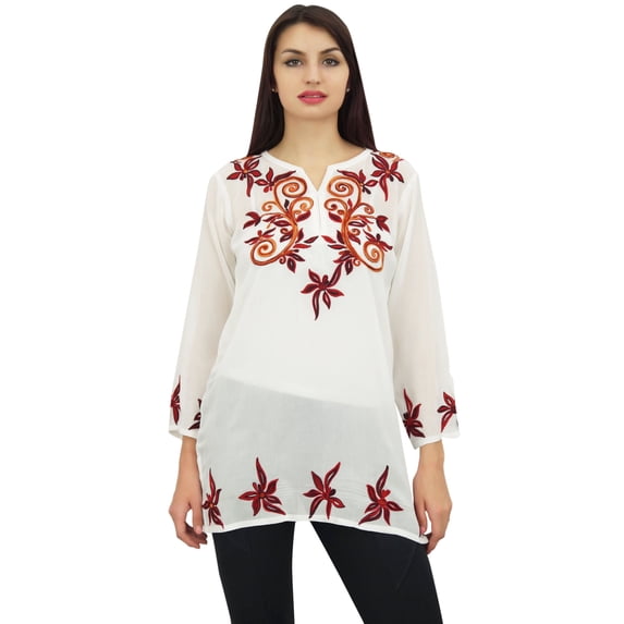 Phagun Women's Indian Ethnic Casual Tunic with Aari Work White Short Top-14