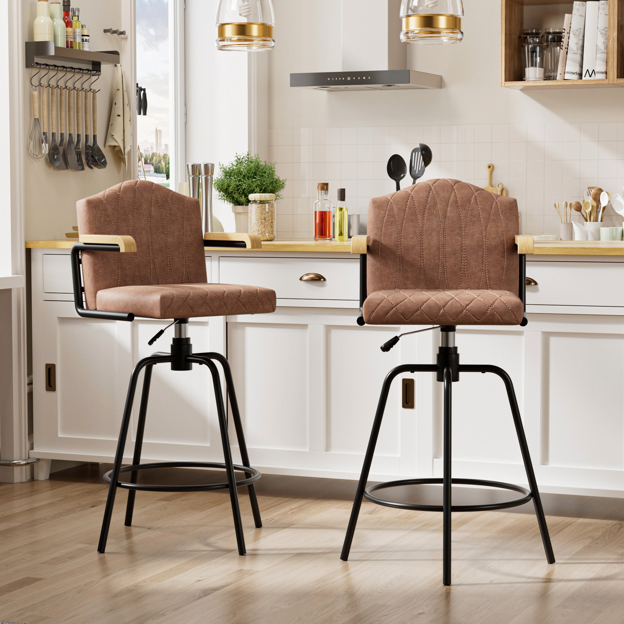 VECELO Swivel Bar Stools Set of 2 with Back and Armrest, Counter Height, Velvet Upholstered Bar Chairs for Kitchen Island & Home, Brown