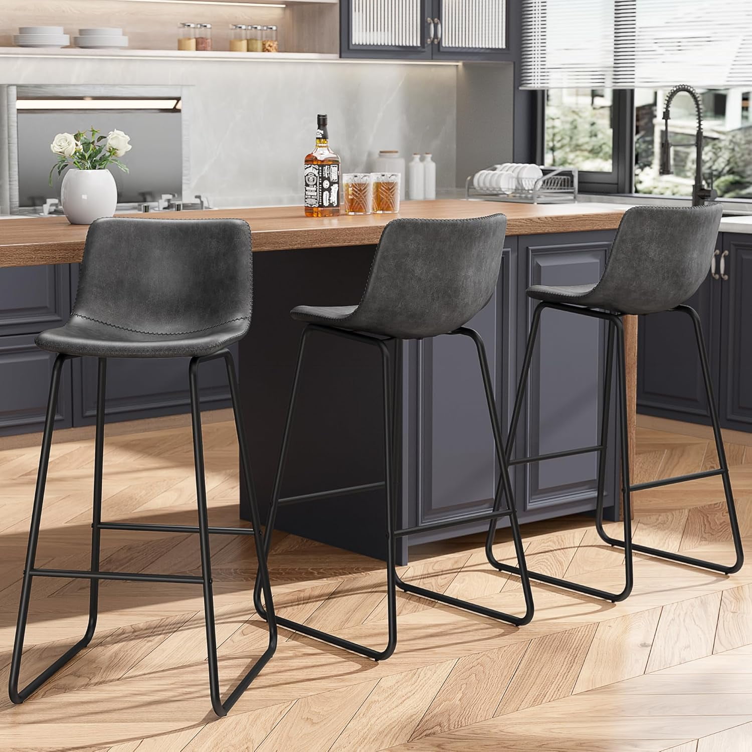 GIKPAL Bar Stools 30" Faux Leather Counter Height Barstools with Back Set of 6, Modern Counter Stools with Metal Legs and Footrest, Armless Chairs with Back for Kitchen Living Room Pub,Gray