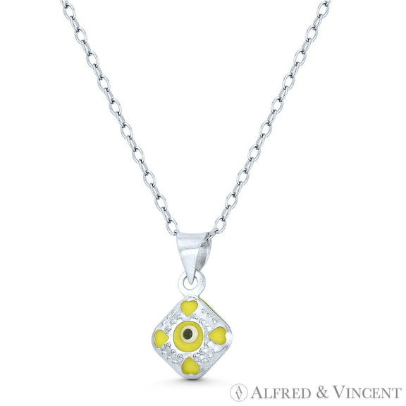 Tiny Evil Eye Charm Glass Bead Pendant & Chain Necklace in .925 Sterling Silver w/ Rhodium - Solid Yellow