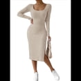 thumbnail image 3 of Vestido de Otoño para Mujer, Larga, Cuello Cuadrado, Tejido, Midi, para Playa, Resort, con Abertura, Maxivestido Ajustado. Albaricoque Beige M, 3 of 8