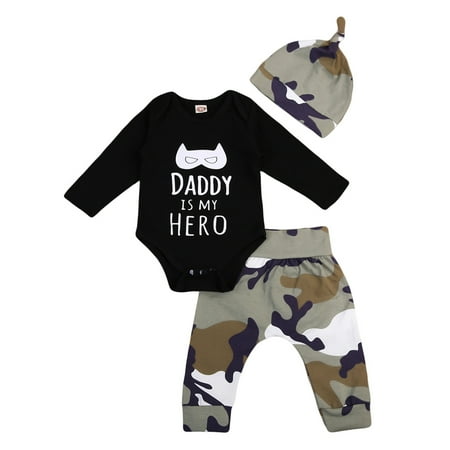 

Musuos Baby 3PCS Outfit Set Short Sleeve Letter Bat Romper Camouflage PantBeanie Hat