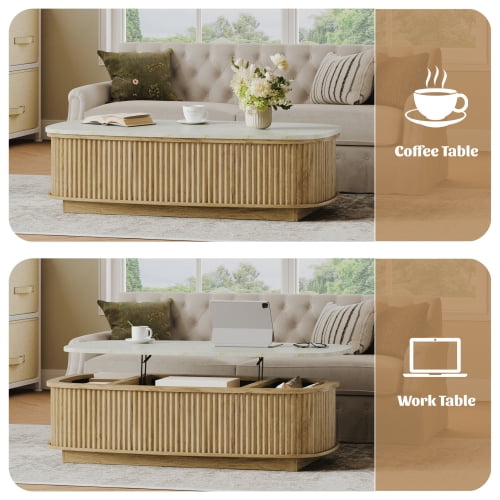 47.2" Oval Fluted Lift Top Coffee Table, Gas Spring Lift Tabletop Dining Table with Hidden Compartment & Open Storage Shelf, for Living Room, Home Office, Oak