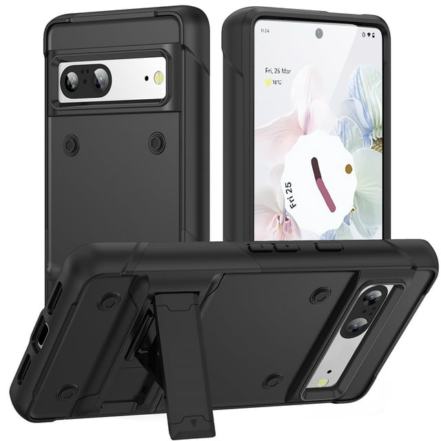 Funda resistente para Google Pixel 7 de 6,3 pulgadas, PC rígida resistente + TPU suave, soporte integrado oculto, protección de pantalla y cámara, anticaídas, a prueba de golpes, color negro