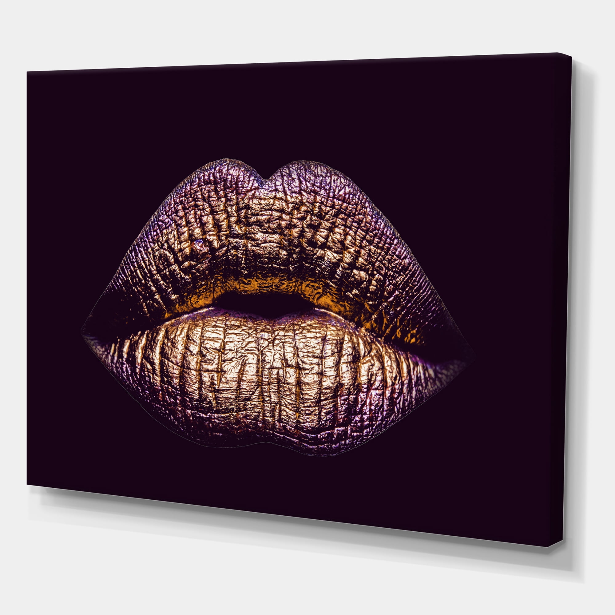 Designart ' Sexy Golden Metallized Woman Lips III ' Modern Canvas Wall Art Print