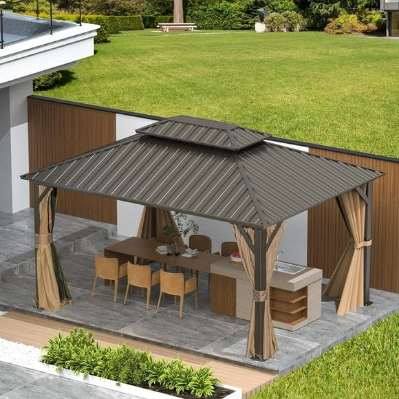 Domi Outdoor 12x14 ft Hardtop Gazebo Canopy Metal with Galvanized Steel Double Roof,Curtain & Netting for Patio Deck Backyard, Brown