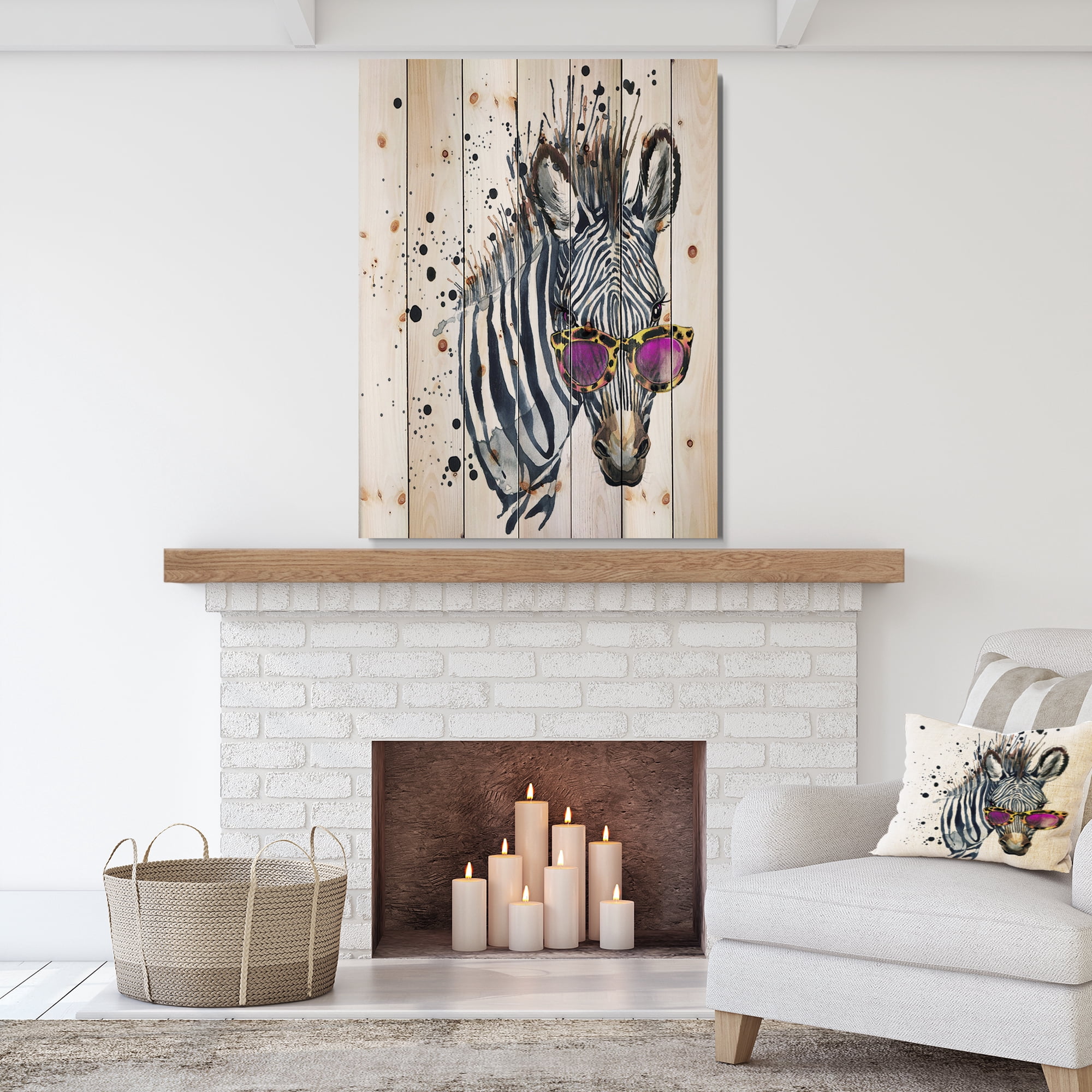 Designart 'Funny Zebra Watercolor' Animal Print on Natural Pine Wood