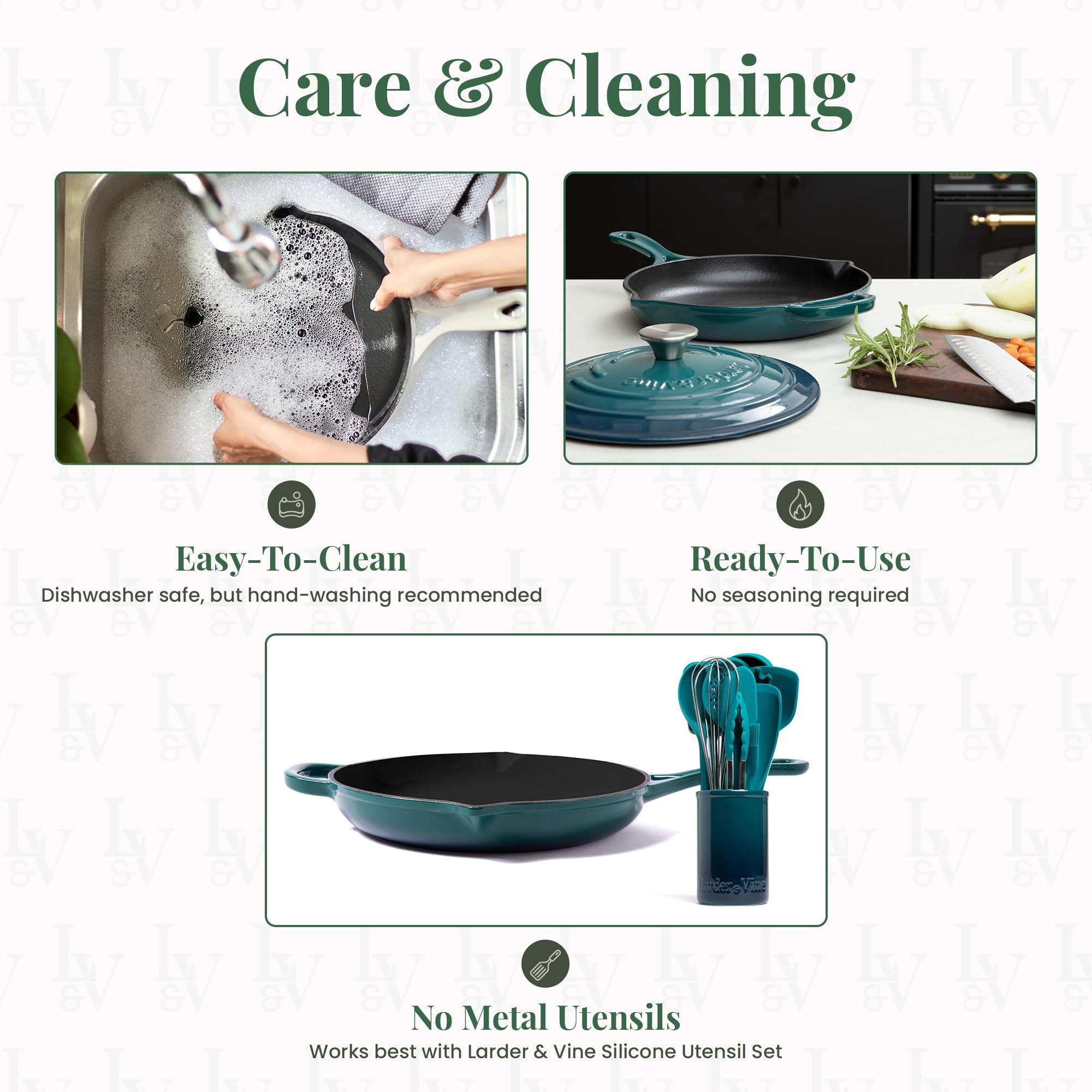 Larder & Vine 10 inch Enameled Cast Iron Frying Pan | Non Stick, Non Toxic, Oven Safe 500F