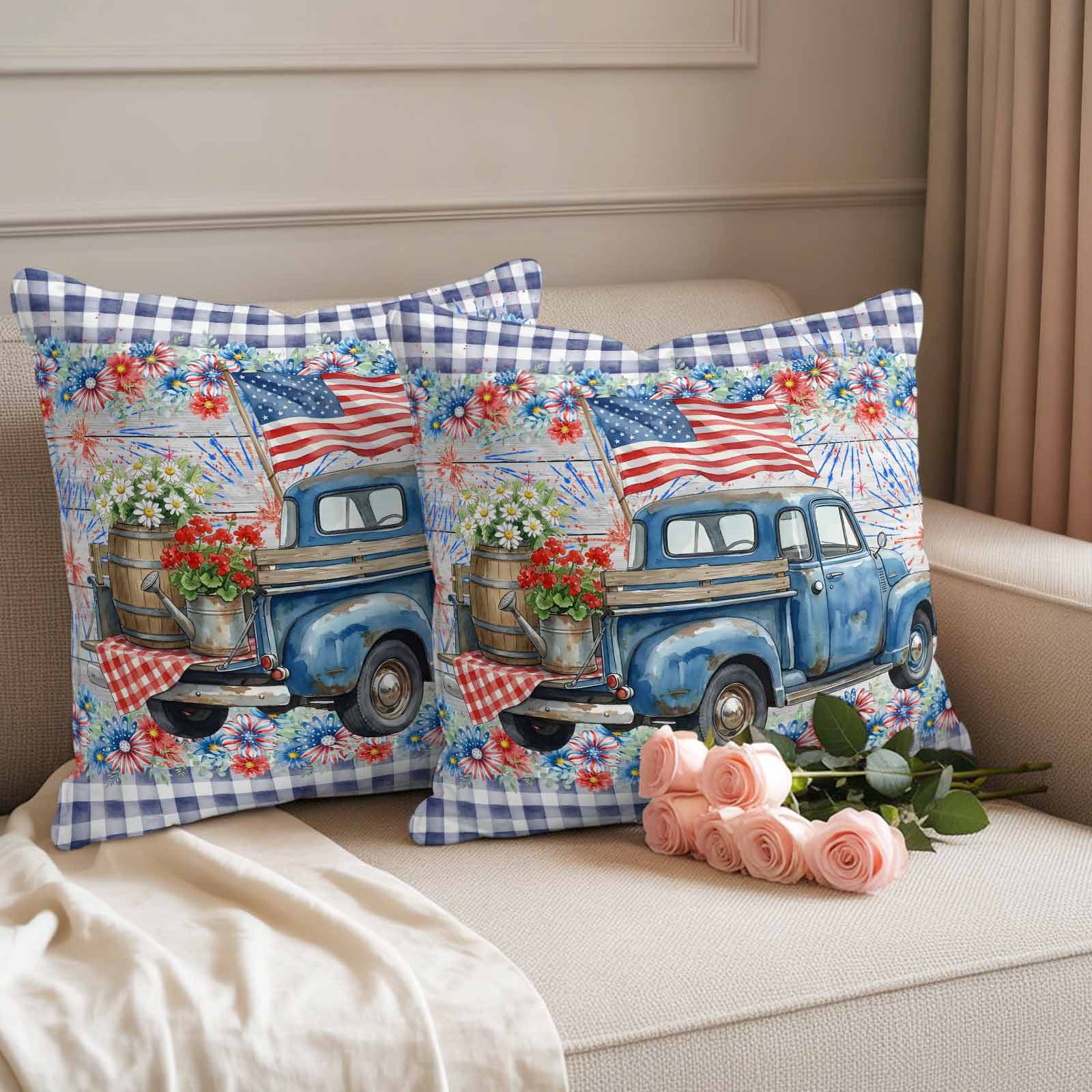 Independence Day Pillow Covers 2 Pack U. S. Flag Retro Truck Flowers Blue Plaid Pillowcase Waterproof Outdoor Throw Pillow Cover for Patio Garden Square Cushion 16”x16”