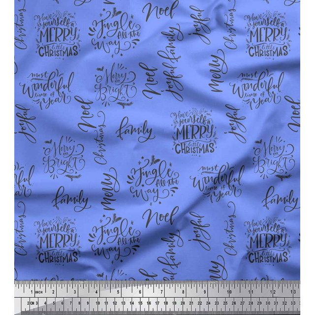 Soimoi Blue polyester Crepe Fabric Merry Christmas Text Printed Fabric 1 Yard 42 Inch Wide