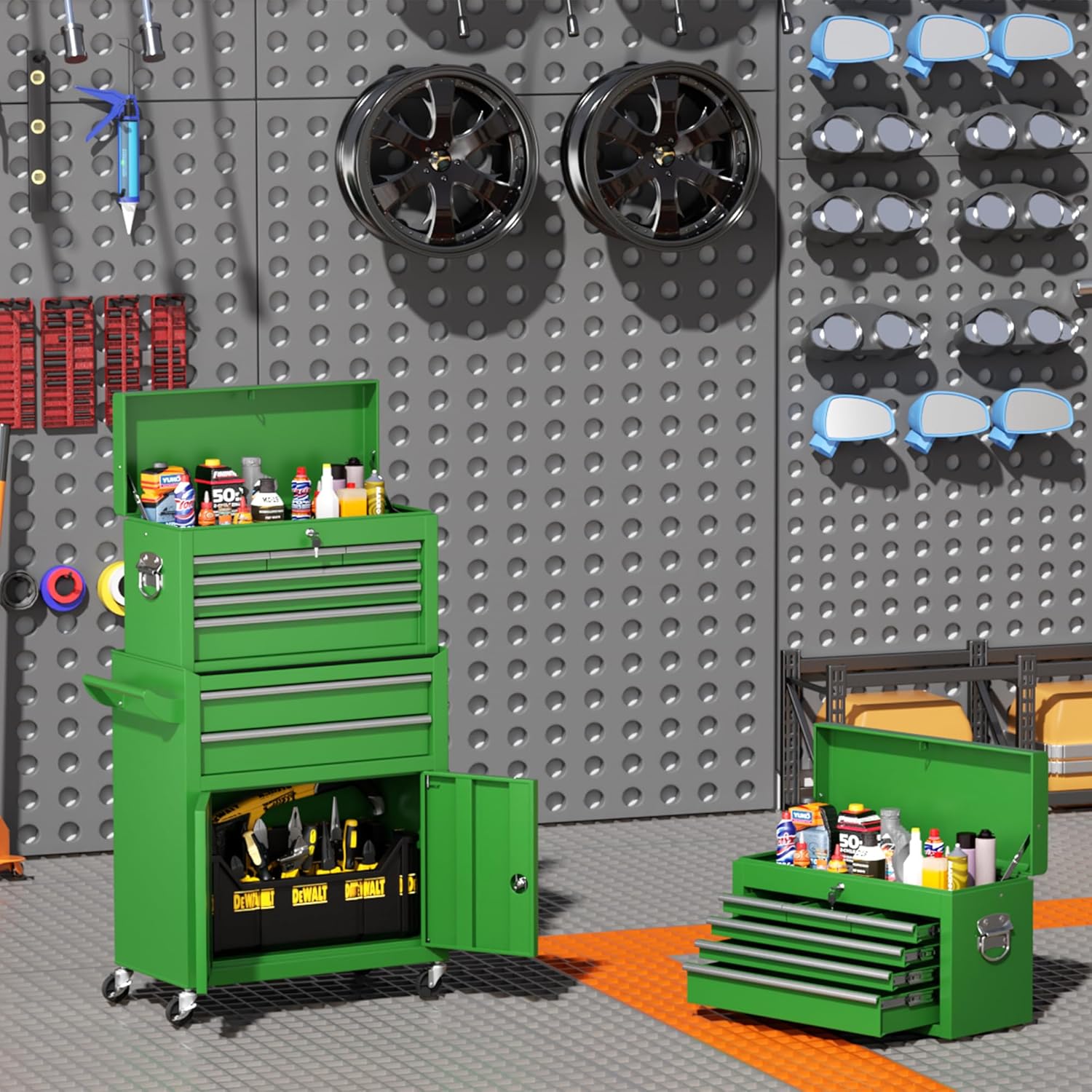 2-IN-1  Tool Chest & Cabinet, Large Capacity 8-Drawer Rolling Tool Box Organizer with Wheels Lockable, Green
