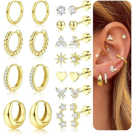 Hypoallergenic Flat back Pro Earrings for Women 316 Surgical Steel Earrings suitable for Sensitive Ears Little Gold Hoop Earring Hip Flatback Stud Cartilage Earring Set[j505]