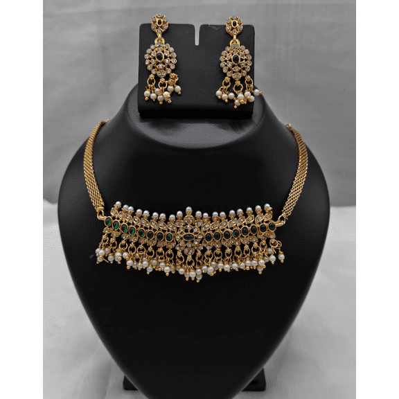 Bollywood Style Gold Plated Mesh Choker Necklace Set with Emerald Green and White Stone Dangles & Pearl Drops