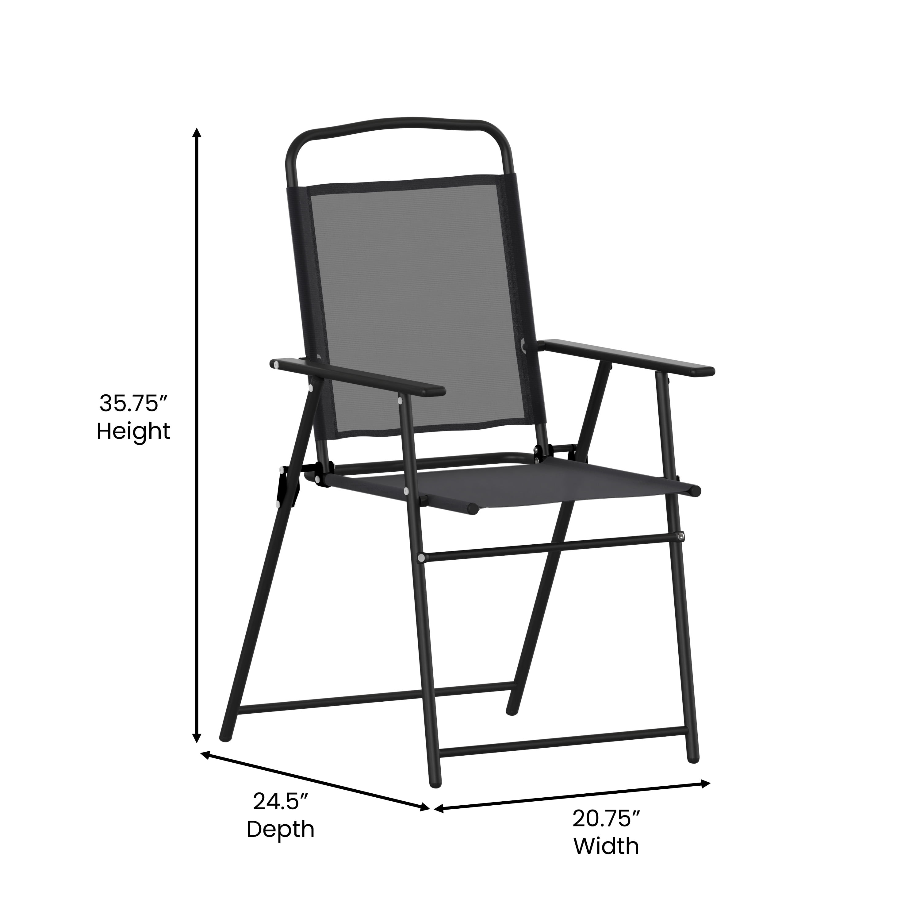 BizChair Set of 2 Folding Patio Sling Chairs, Outdoor Textilene Lawn Chairs with Armrests in Black