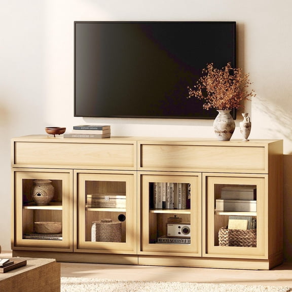 WAMPAT Modern TV Stand for TVs Up to 70", 2-in-1 Entertainment Center TV Console with 4 Doors and Drawer, Wooden Media Console Cabinet with Adjustable Shelf for Living Room, Bedroom, Oak