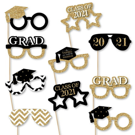 Big Dot of Happiness Gold Glasses - Tassel Worth The Hassle - 2021 Paper Card Stock Graduation Party Photo Booth Props Kit - 10 Count