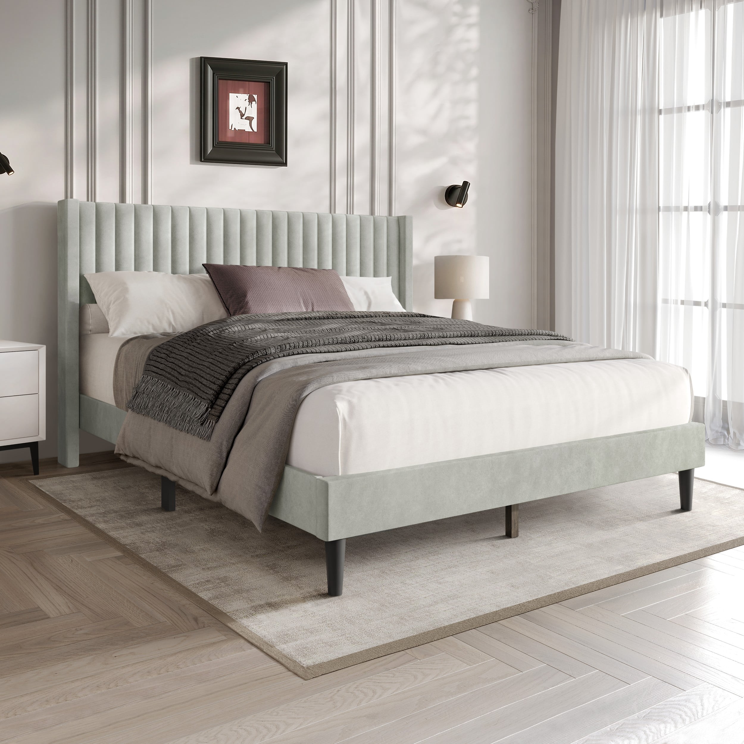 Favorer Montrose Upholstered Wingback Bed, Channel Tufted Headboard, Platform Design