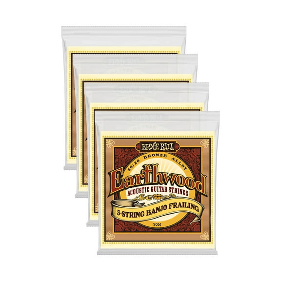 4 PACK Ernie Ball 2061 Earthwood 80/20 Bronze 5-String Banjo Frailing Strings