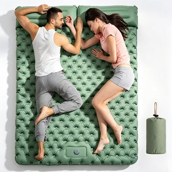 Green Double Inflatable Camping Sleeping Pad, 2 Person Ultralight Air Mattress with Built-in Foot Pump & Attached Pillow, Portable Inflatable Mat for Backpacking, Hiking, Car Travel, Tent & Beach Use