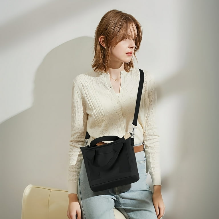 black zippered lightweight travel tote bag Drimzate Small Canvas Tote Bag for Women with Zipper Crossbody Bag, Everyday Work Travel Tote Bags with CompartmentBlack, Women's